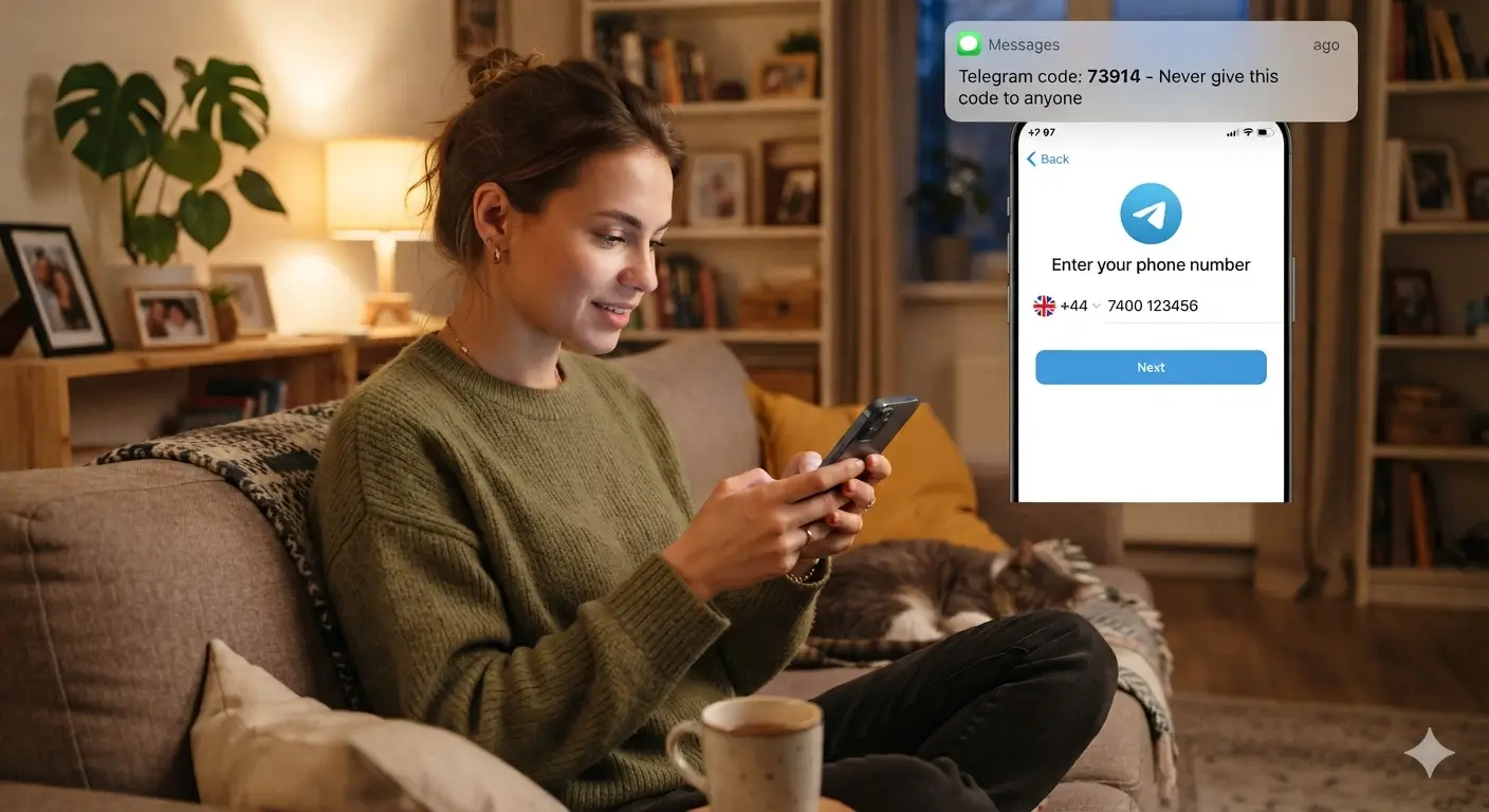 Woman using a virtual number to receive a Telegram verification code