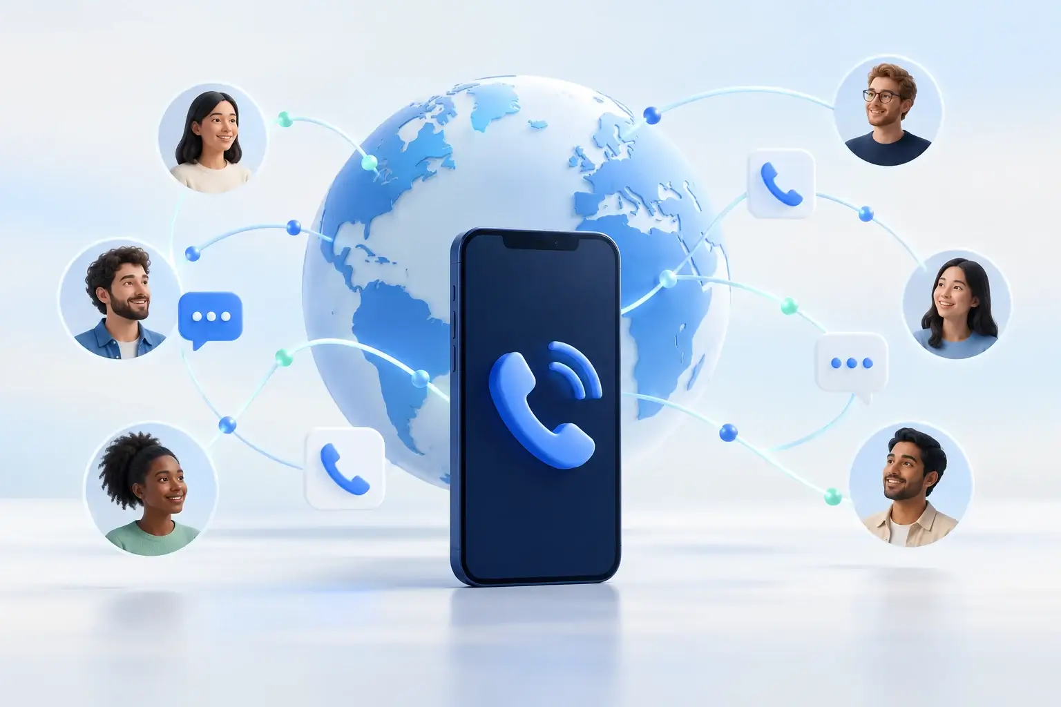 A smartphone connected to a blue globe with call and message symbols, illustrating international business communication