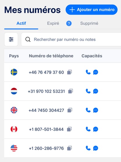 Page des numéros achetés