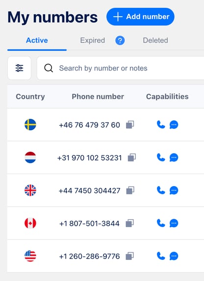 Purchased numbers page