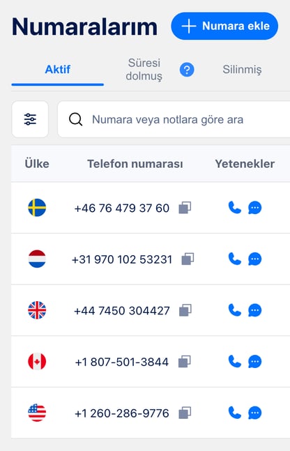 Satın alınan numaralar sayfası