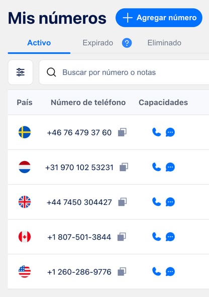 Página de números comprados