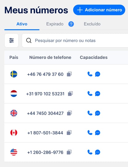 Página de números comprados