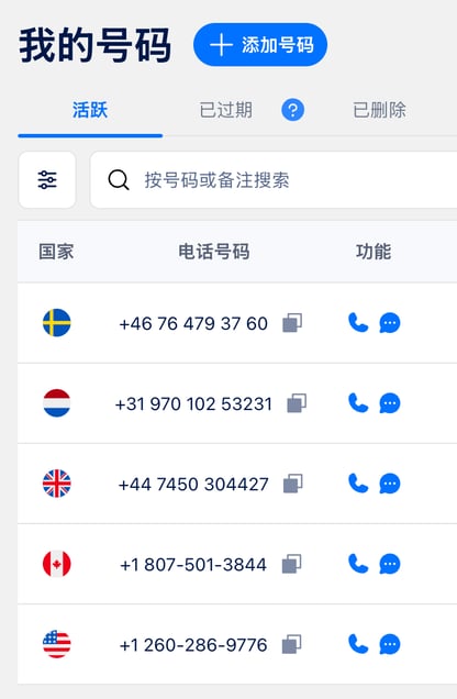 已购号码页面